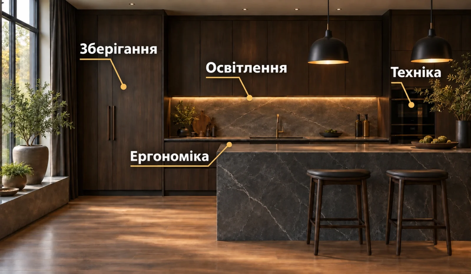 Кухня з продуманими зонами зберігання, техніки, освітлення та робочою поверхнею