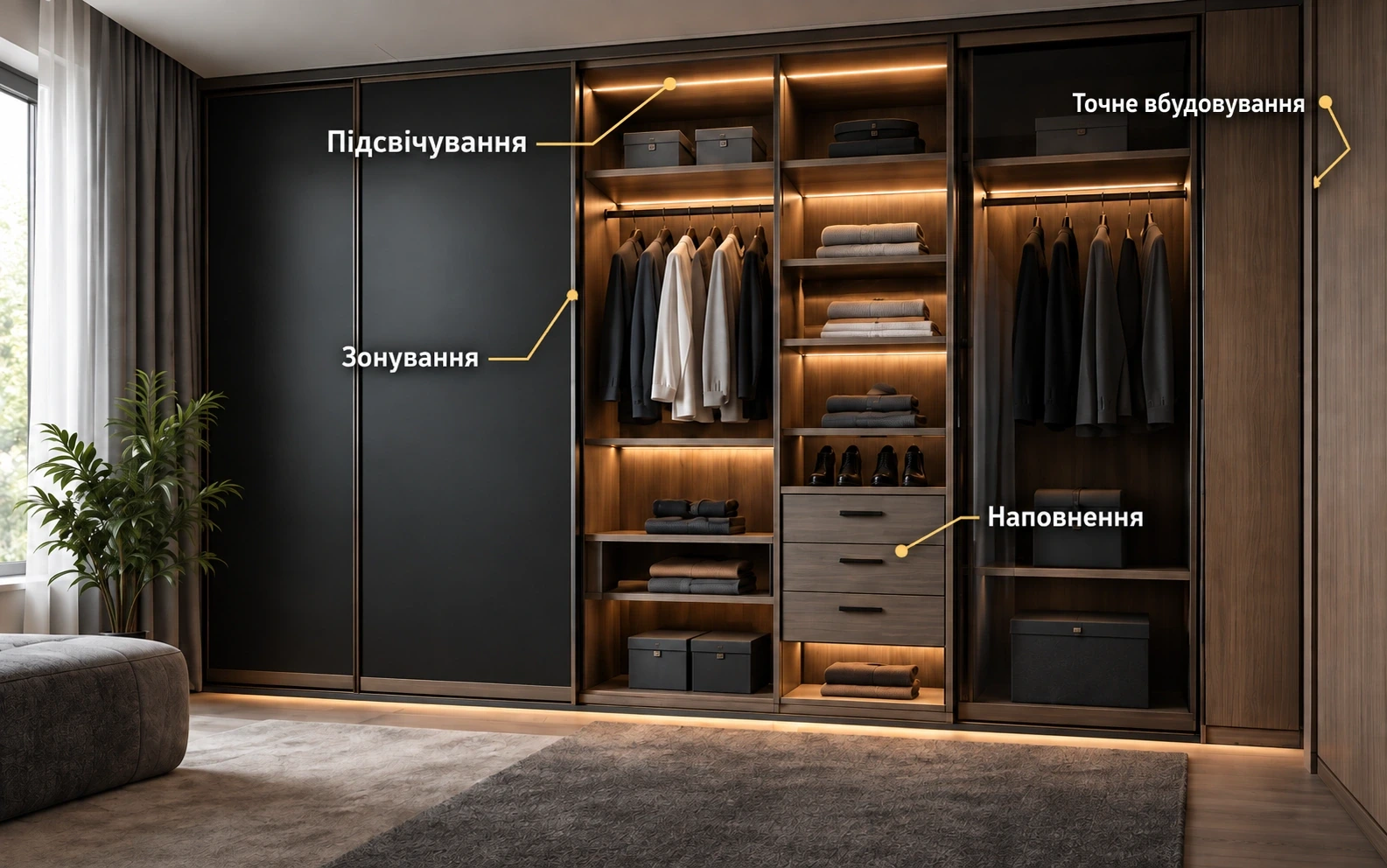 Вбудована шафа з темними розсувними дверима та дерев’яними секціями